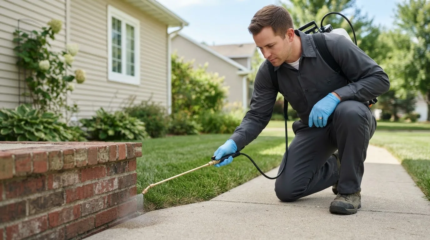 Pest control technician treating a home near Adena, OH