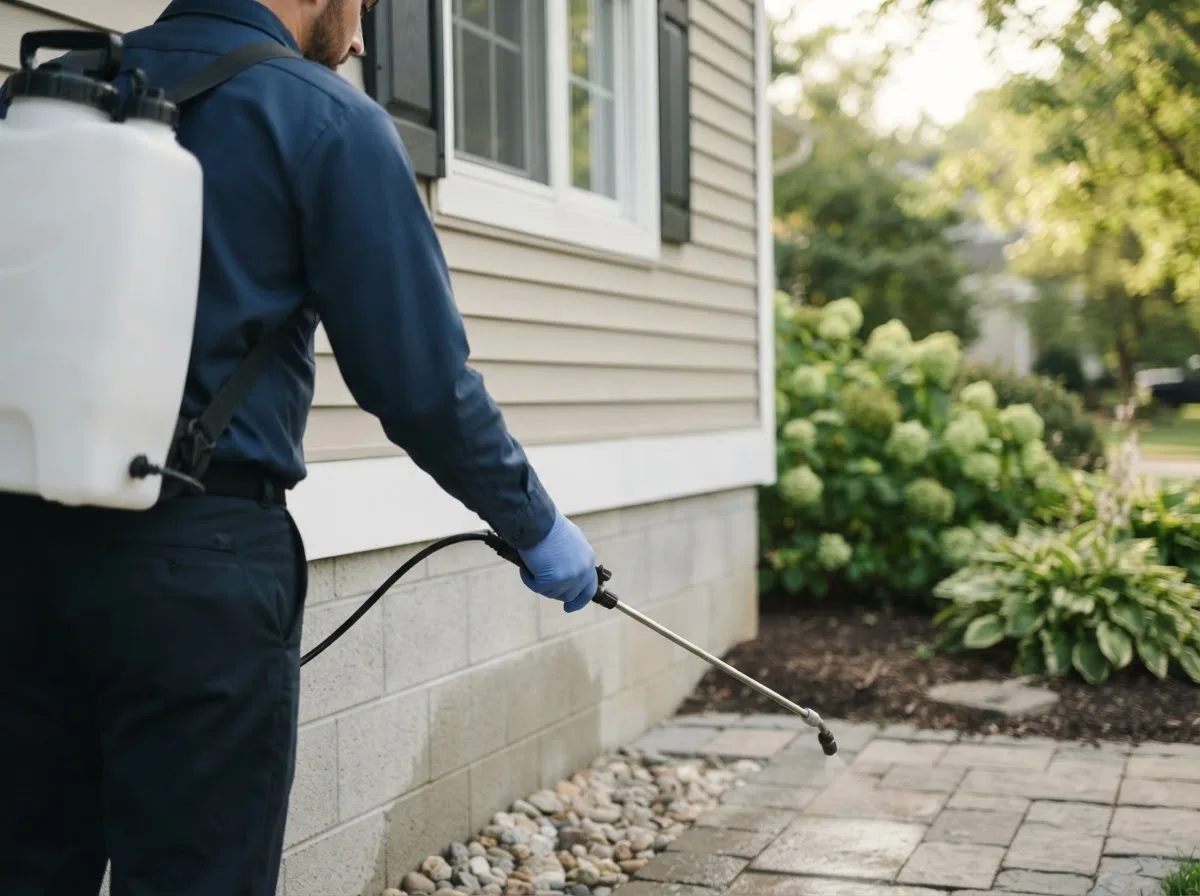 Pest control technician inspecting a home in Adena, OH